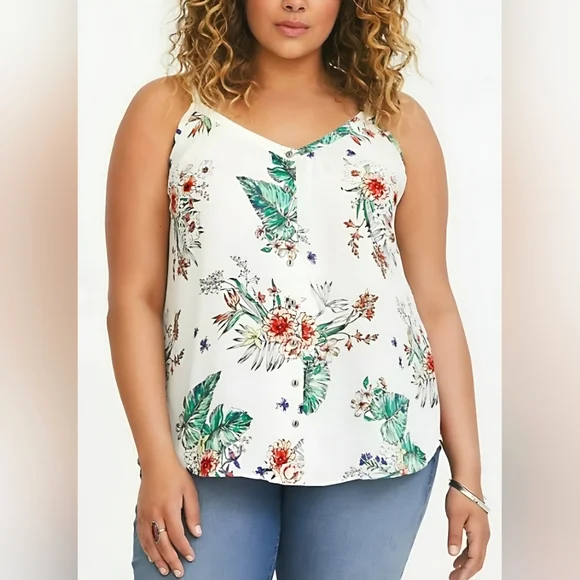 Torrid White Tropical Floral Button-Front Cami Tank Top – Size 00 -M/L - Size 10 - Picture 1 of 16